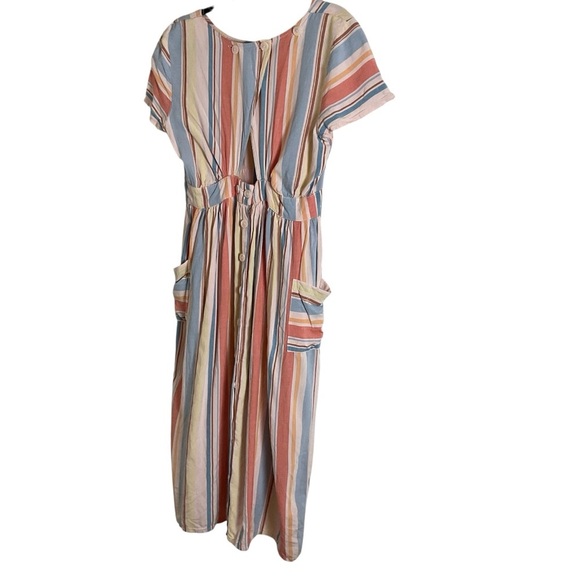 ANA Striped Open Back Dress Women's M Retro Pockets Linen Blend - Picture 3 of 13